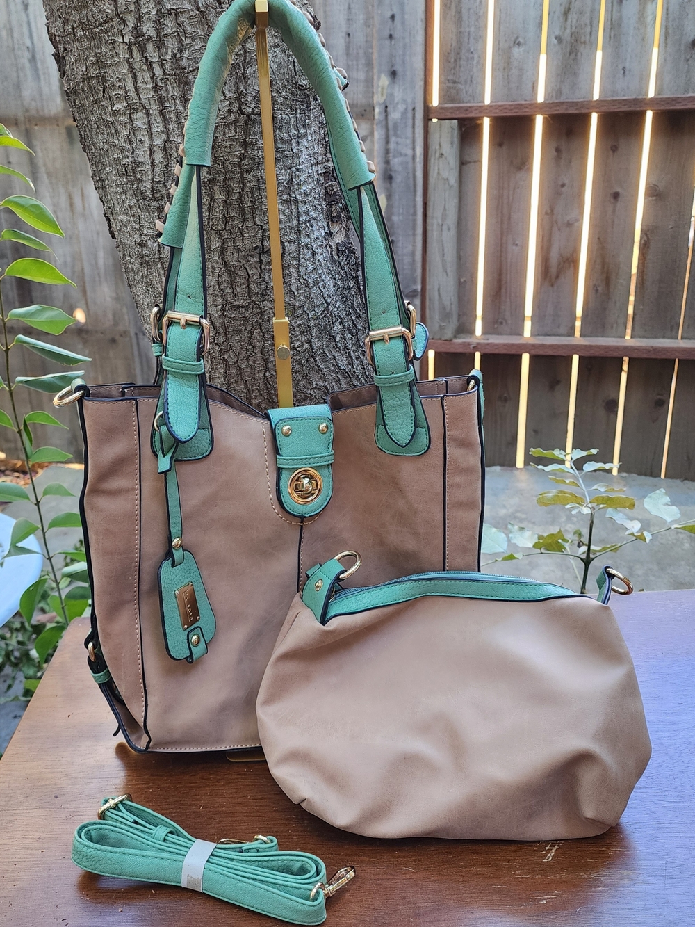 Liz Soto Taupe & Mint Green Tote Bag Shoulder Purse Set with Pouch CrossbodyNWOT